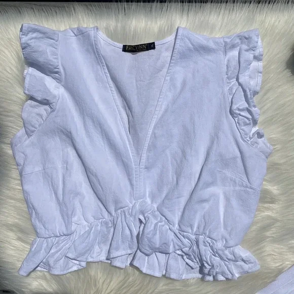 White two piece cropped top & side slit pant set - Picture 4 of 8